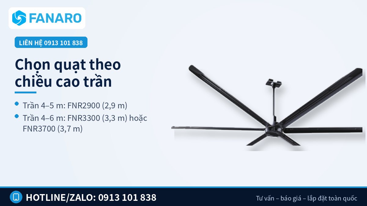 Cách chọn cỡ quạt trần cánh dài cho nhà hàng theo chiều cao trần 4–6 m