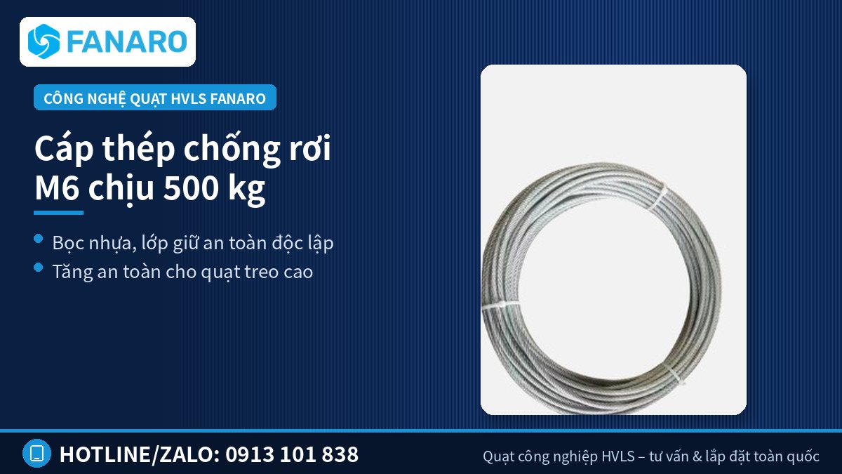 Cáp thép chống rơi M6 chịu 500 kg cho quạt HVLS – Mua quạt trần công nghiệp hãng nào tốt? 9 tiêu chí đánh giá