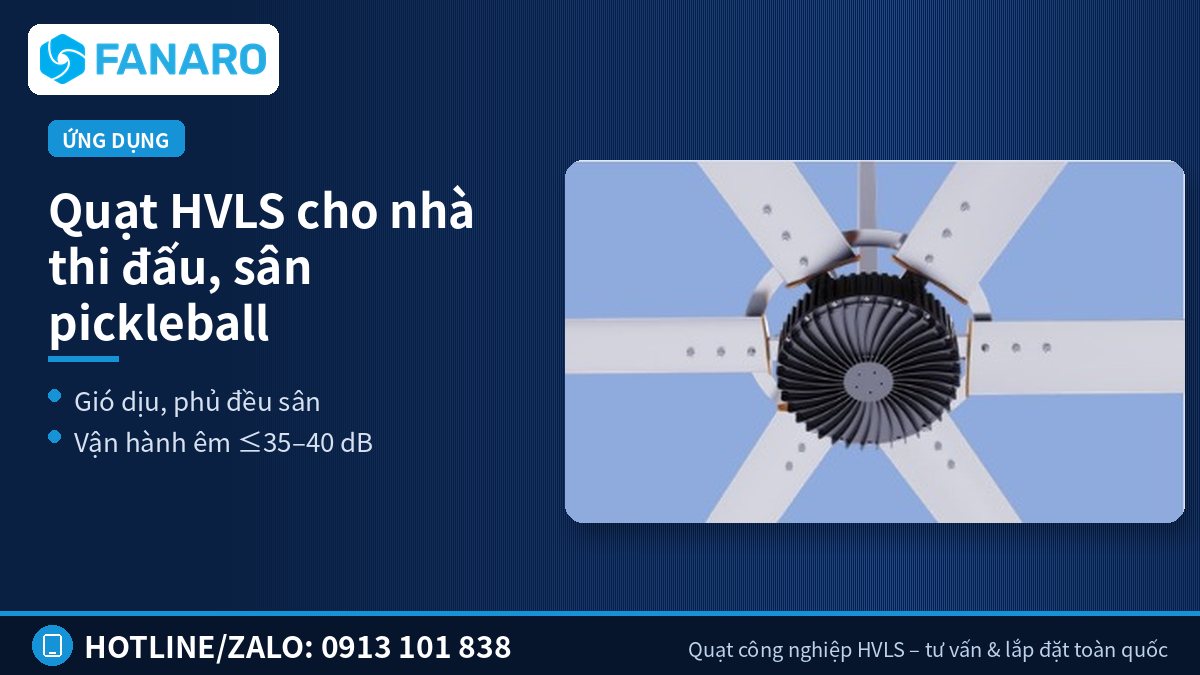 Quạt HVLS cho nhà thi đấu, sân pickleball – Ứng dụng quạt trần công nghiệp tại Cần Thơ theo từng ngành