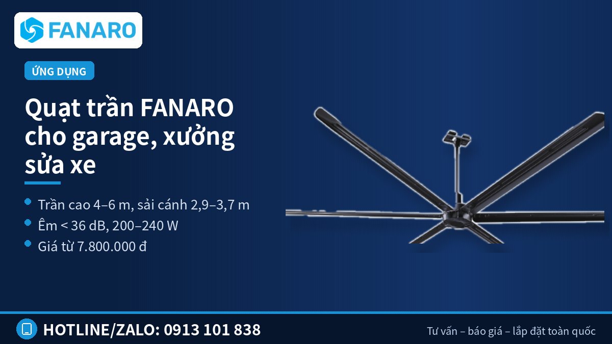 Quạt trần công nghiệp cho garage, xưởng sửa xe – hạng mục thường gặp của nhà thầu thi công