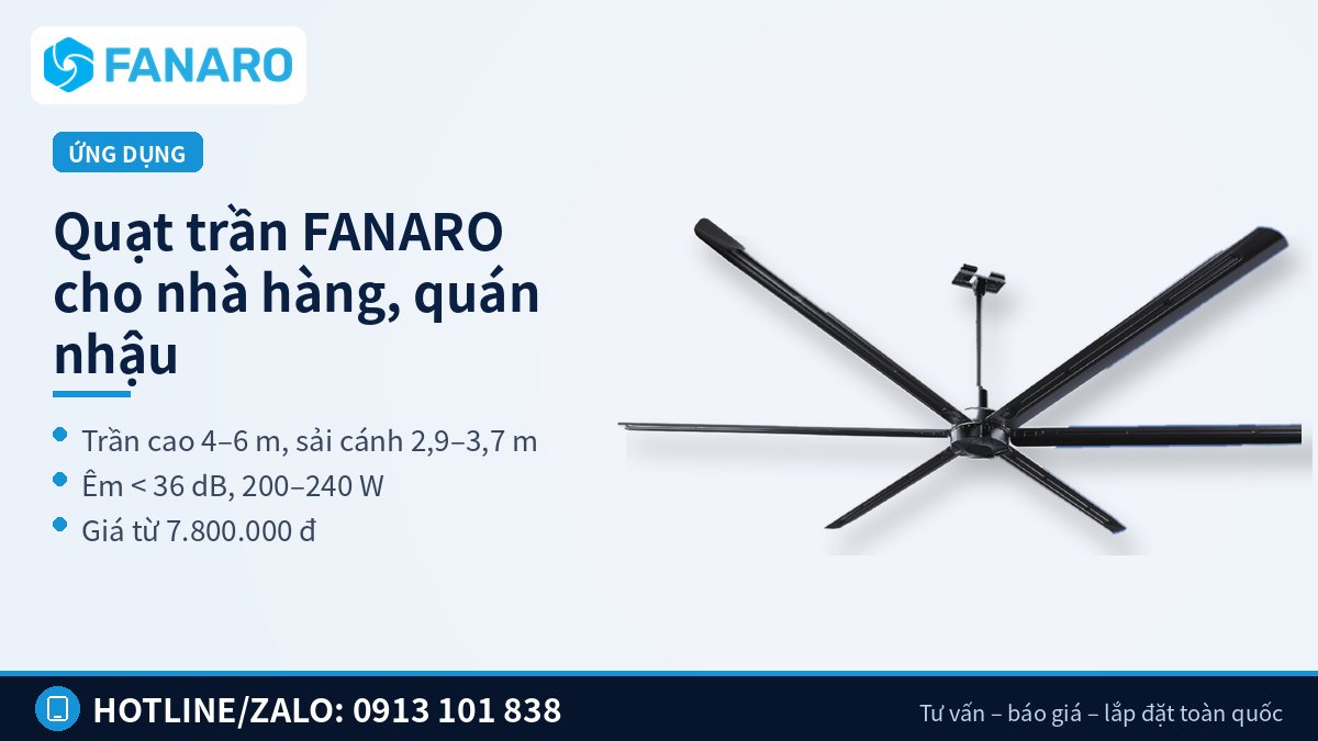 Quạt trần công nghiệp cánh dài FANARO lắp giữa sảnh nhà hàng, quán nhậu trần cao