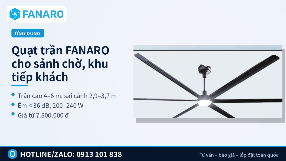 Quạt trần FANARO tại sảnh chờ, công trình mẫu giúp đại lý mới giới thiệu khách
