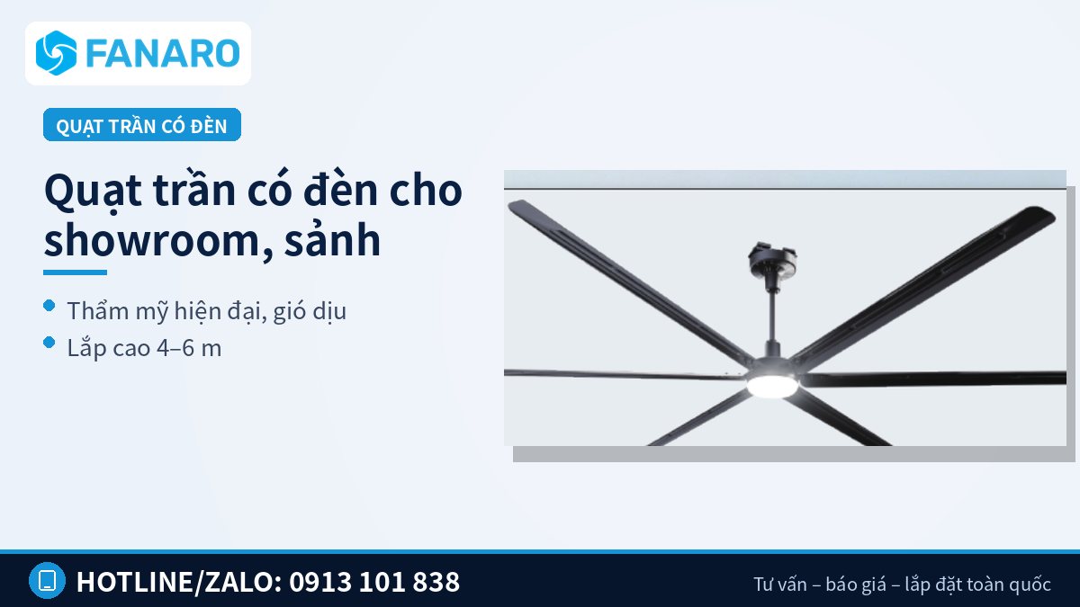 Không gian trưng bày quạt trần có đèn cho đại lý quạt trần công nghiệp