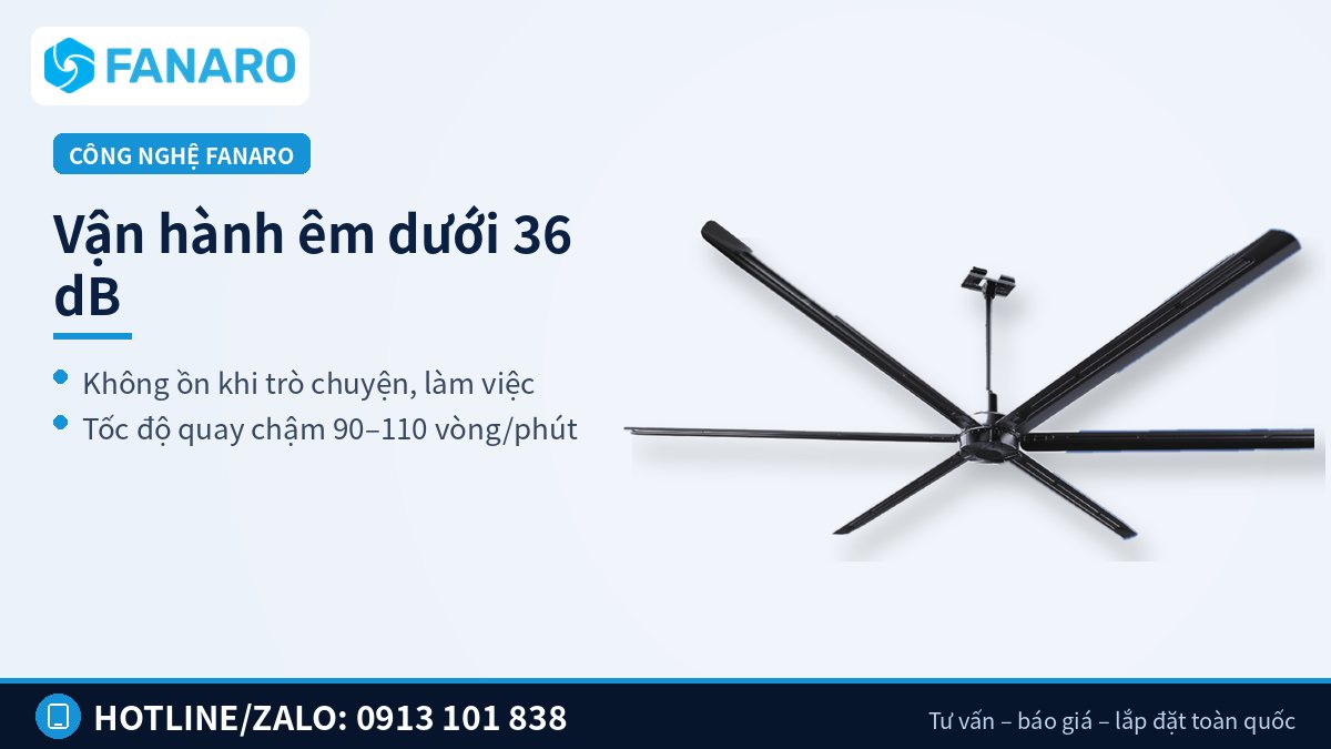 Quạt trần cánh dài vận hành êm dưới 36 dB phù hợp không gian ăn uống