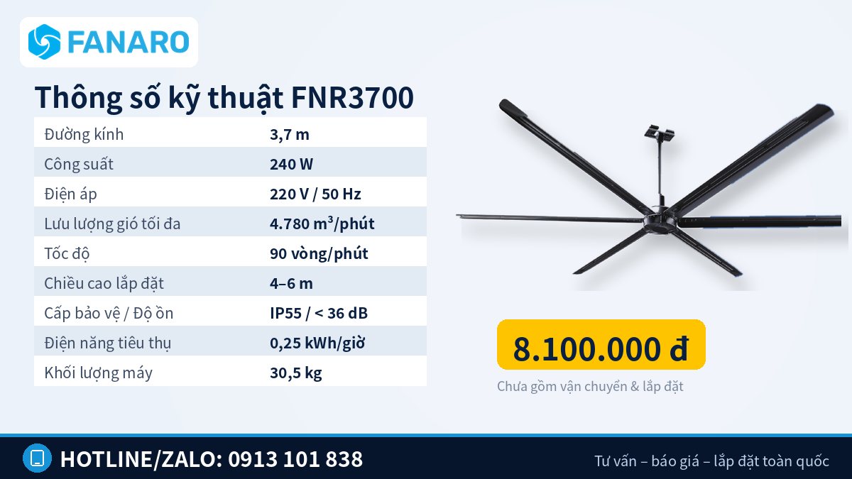 Thông số kỹ thuật quạt trần cánh dài 6 cánh thép FANARO FNR3700