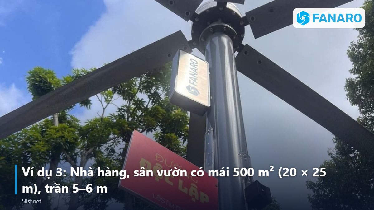 Ví dụ 3: Nhà hàng, sân vườn có mái 500 m² (20 × 25 m), trần 5–6 m – Quạt Trần Công Nghiệp 3m Cho Nhà Hàng, Quán Nhậu: Cần Bao Nh