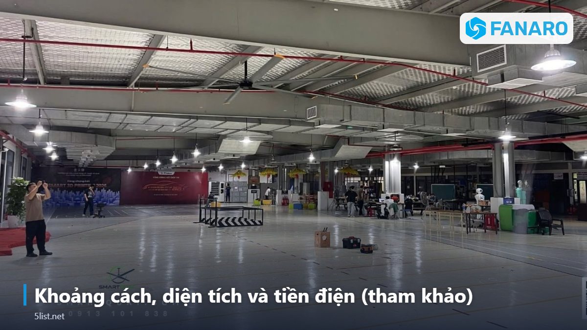 Khoảng cách, diện tích và tiền điện (tham khảo) – Quạt Trần Công Nghiệp 3m3 FNR3300: Lắp Cao 4–6m, Giá 7,95 Tr