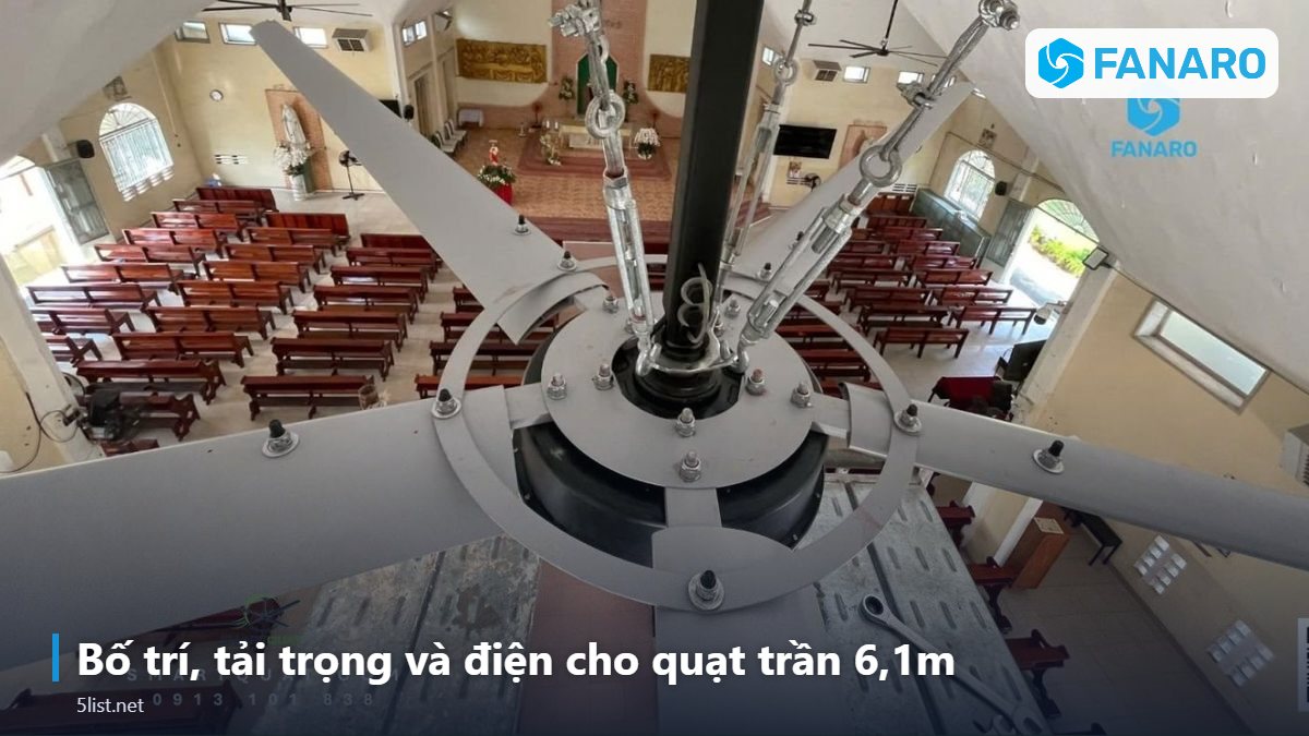 Bố trí, tải trọng và điện cho quạt trần 6,1m – Quạt Trần Công Nghiệp 6m: Thông Số, Ứng Dụng Và Báo Giá Tham