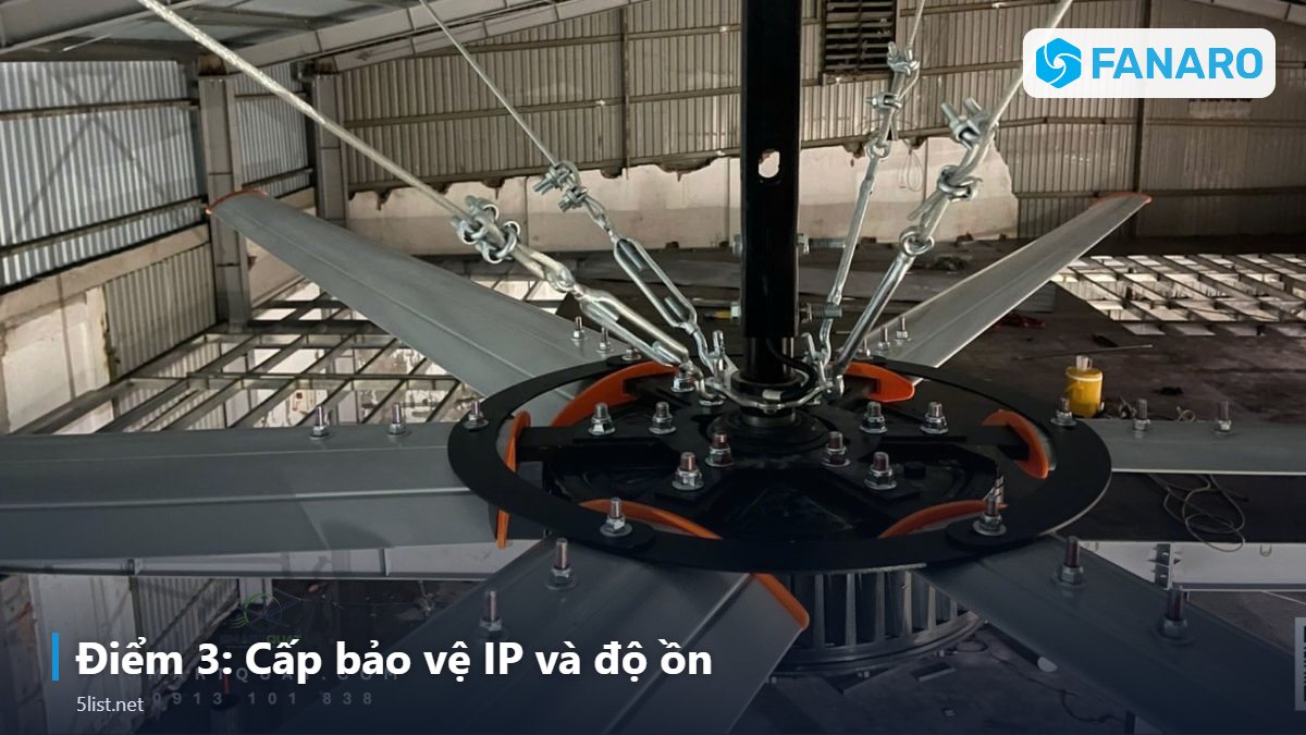 Điểm 3: Cấp bảo vệ IP và độ ồn – Quạt Trần Công Nghiệp Giá Rẻ Có Bền Không? 5 Điểm Kỹ Thuật C