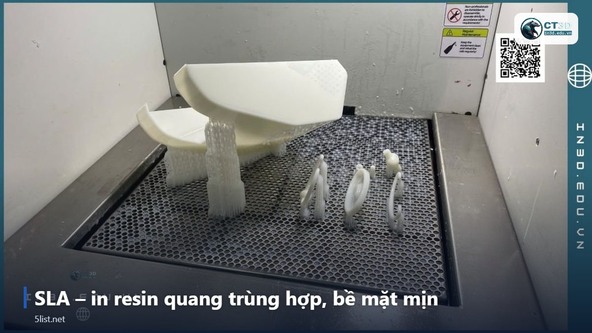 SLA – in resin quang trùng hợp, bề mặt mịn – Top 5 công nghệ in 3D phổ biến nhất: FDM, SLA, SLS, MJF, SLM