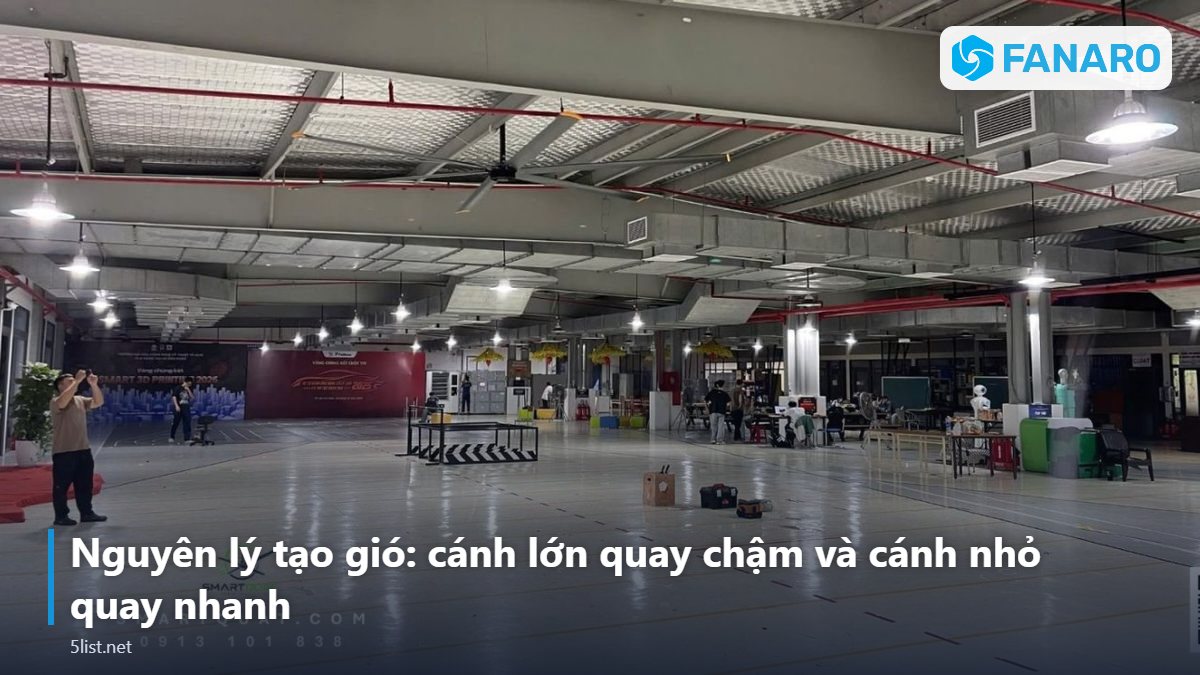 Nguyên lý tạo gió: cánh lớn quay chậm và cánh nhỏ quay nhanh – Top 5 Khác Biệt Giữa Quạt Tháp HVLS Và Quạt Đứng Công Nghiệp