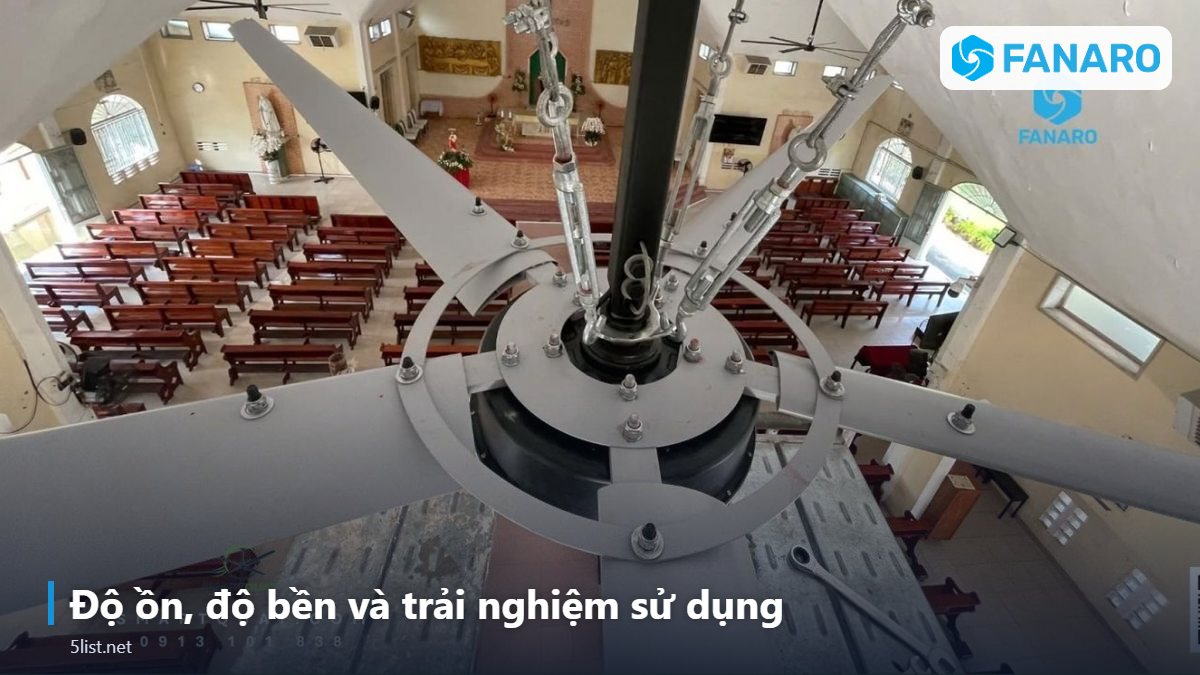 Độ ồn, độ bền và trải nghiệm sử dụng – Top 5 Khác Biệt Giữa Quạt Tháp HVLS Và Quạt Đứng Công Nghiệp