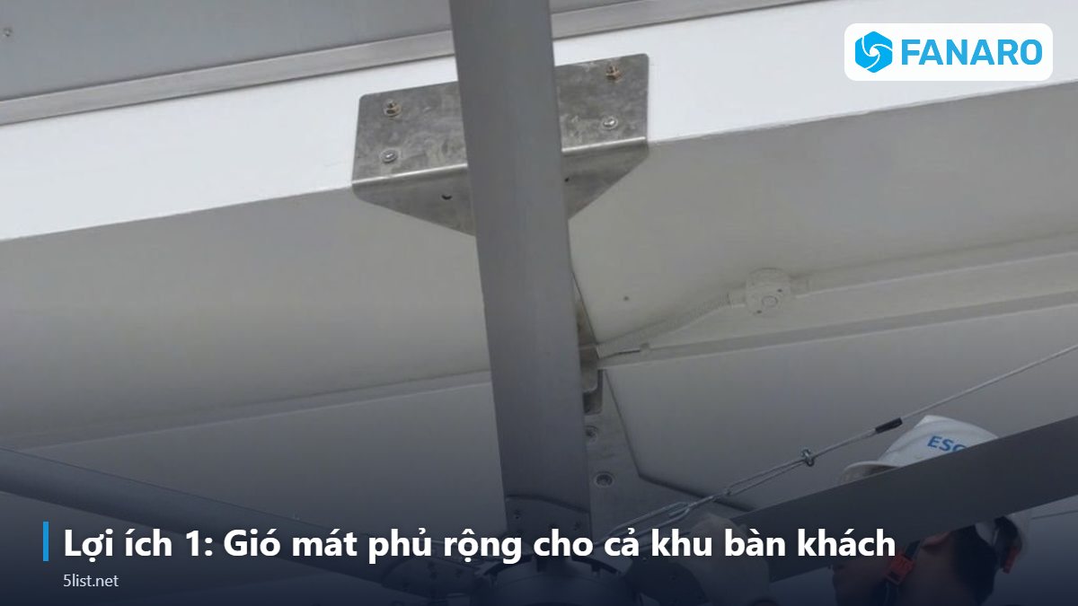 Lợi ích 1: Gió mát phủ rộng cho cả khu bàn khách – Top 5 Lợi Ích Của Quạt Trần Công Nghiệp Có Đèn Cho Nhà Hàng,