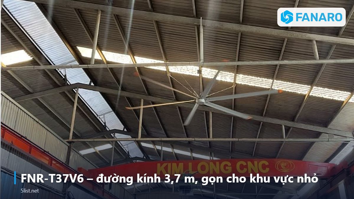 FNR-T37V6 – đường kính 3,7 m, gọn cho khu vực nhỏ – Top 5 Mẫu Quạt Tháp HVLS Ngoài Trời Theo Kích Thước