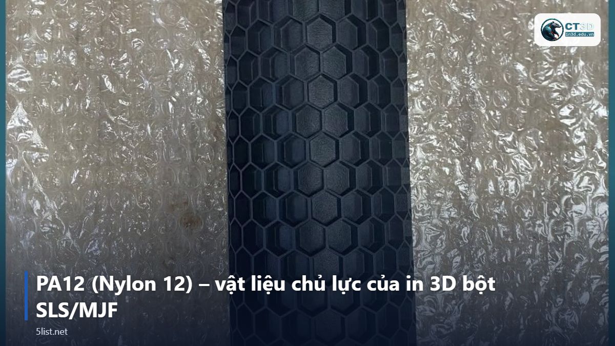 PA12 (Nylon 12) – vật liệu chủ lực của in 3D bột SLS/MJF – Top 5 nhựa kỹ thuật in 3D công nghiệp: PA12, PC, Nylon CF, P