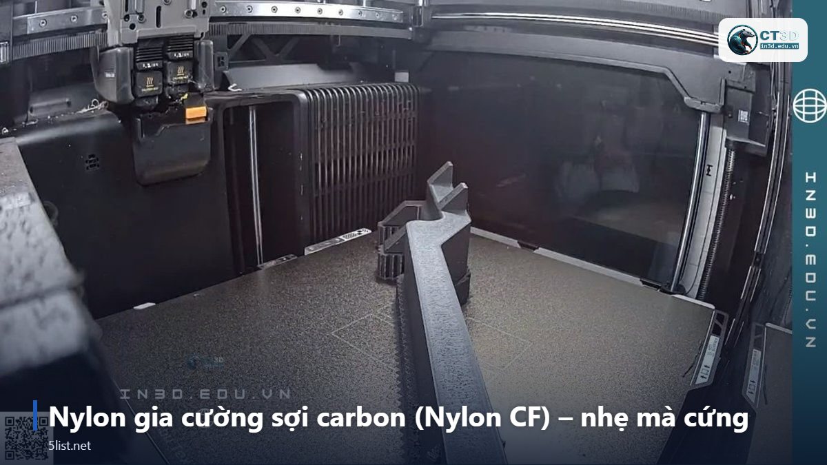 Nylon gia cường sợi carbon (Nylon CF) – nhẹ mà cứng – Top 5 nhựa kỹ thuật in 3D công nghiệp: PA12, PC, Nylon CF, P